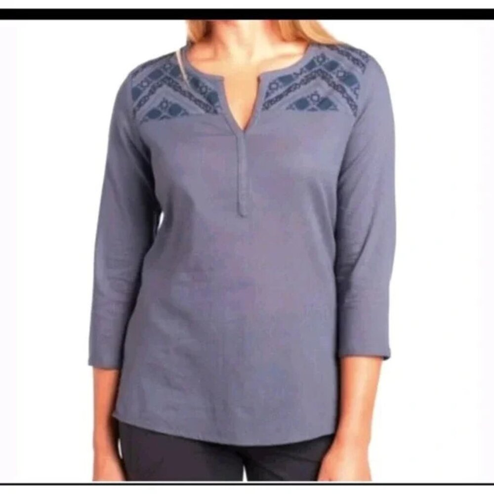 Kuhl Women's 3/4 Sleeve Grey Aztec Boho Organic Cotton Blouse, Size XS